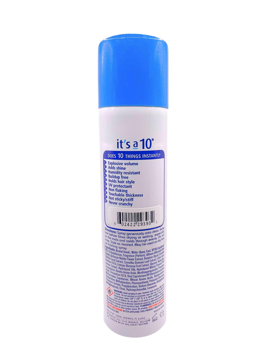 Its A 10 Miracle Blowdry Volumizer 6oz application illustrates detangling and frizz reduction for easy styling.