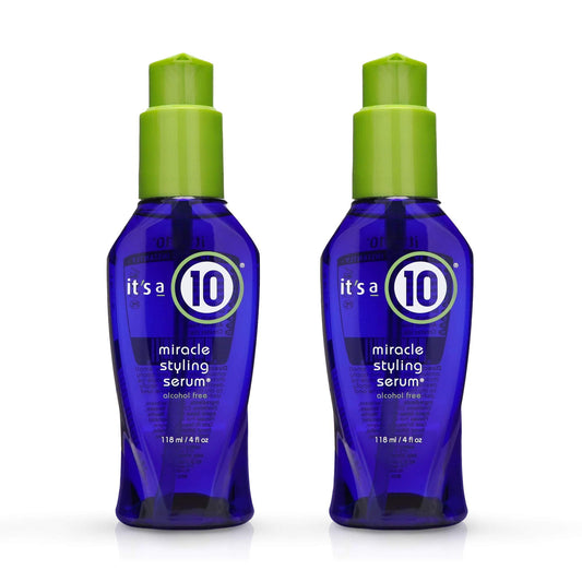 It's a 10 Miracle Styling Serum bottle front view highlights smoothness and shine.