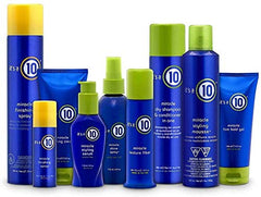 It's a 10 Miracle Styling Serum on hair strands highlighting smooth, healthy look.