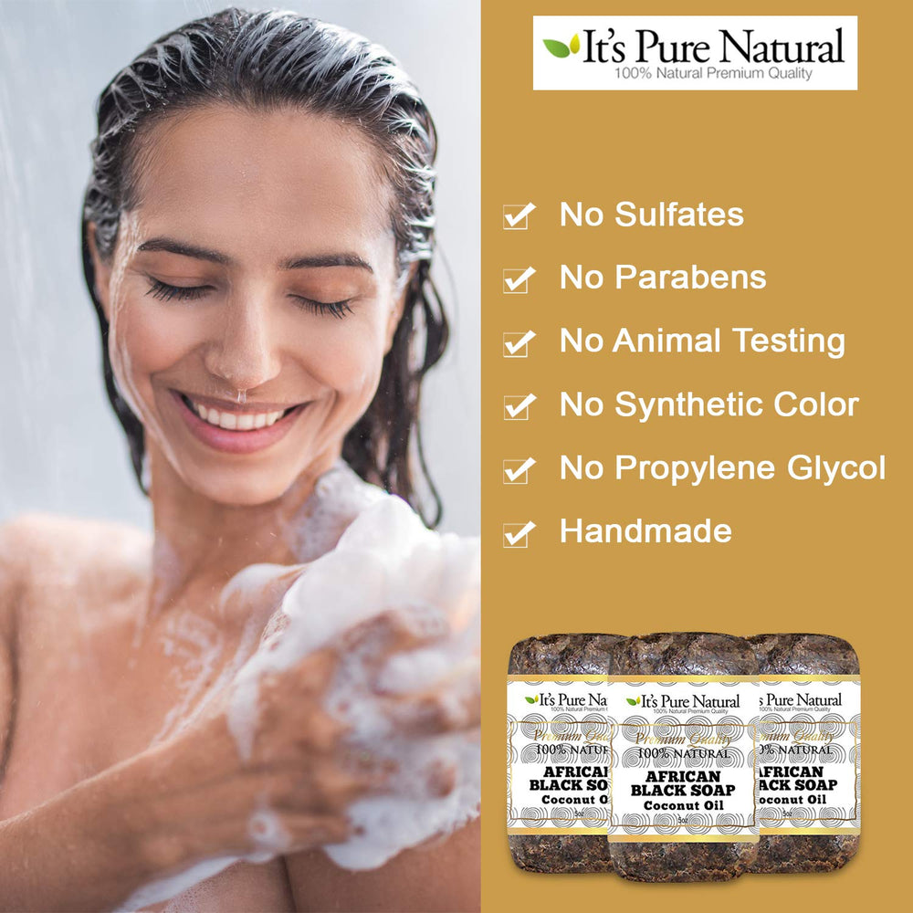 It's Pure Natural African Black Soap with Coconut Oil detail on dry skin nourishment