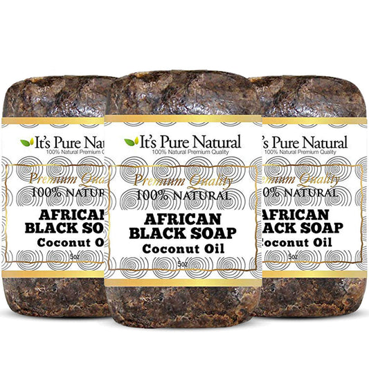 It's Pure Natural African Black Soap with Coconut Oil front view for gentle face and body cleanse