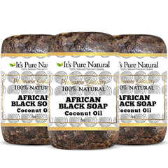 It's Pure Natural African Black Soap with Coconut Oil front view for gentle face and body cleanse