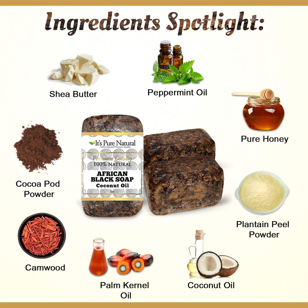 It's Pure Natural African Black Soap with Coconut Oil ingredients close-up highlighting natural oils