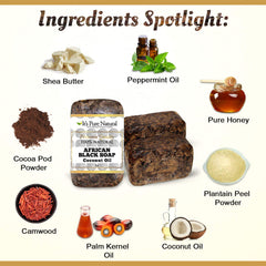 It's Pure Natural African Black Soap with Coconut Oil ingredients close-up highlighting natural oils