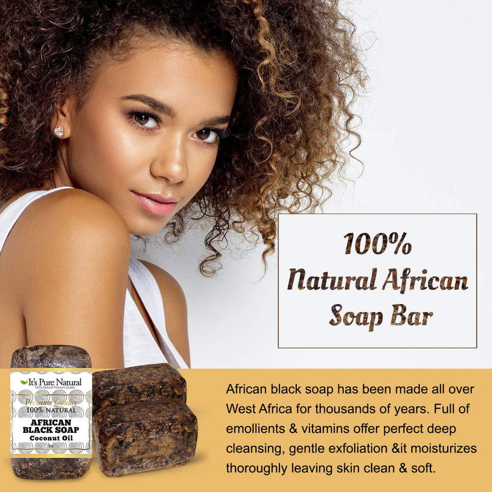 It's Pure Natural African Black Soap with Coconut Oil packaging view showcasing the pack of 3