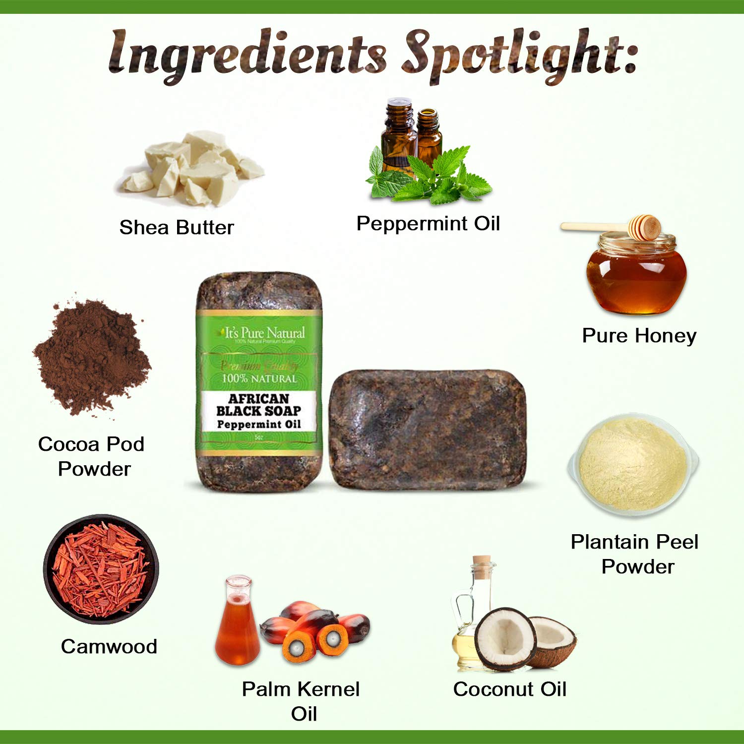It's Pure Natural African Black Soap ingredients closeup—shea butter, plantain ash, cocoa pods