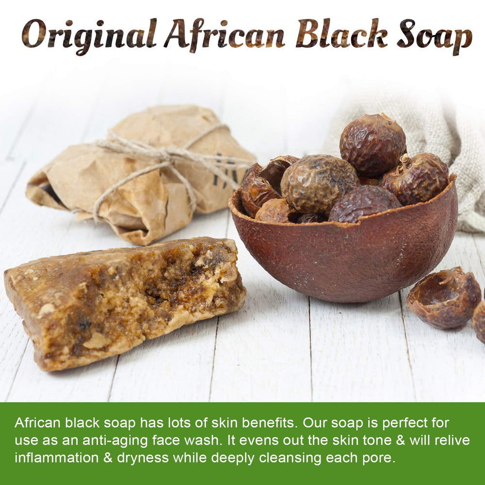 It's Pure Natural African Black Soap texture closeup—unrefined particles for gentle exfoliation