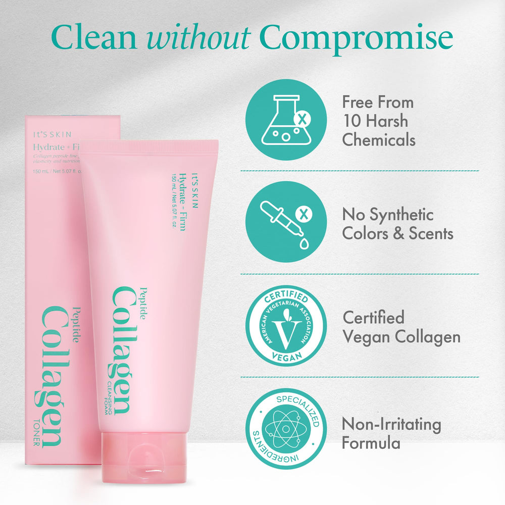 Vegan collagen label on Its SKIN cleansing foam bottle
