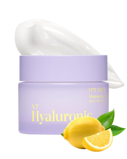 Its Skin V7 Hyaluronic Moisturizer bottle on bathroom shelf delivering daily hydration.