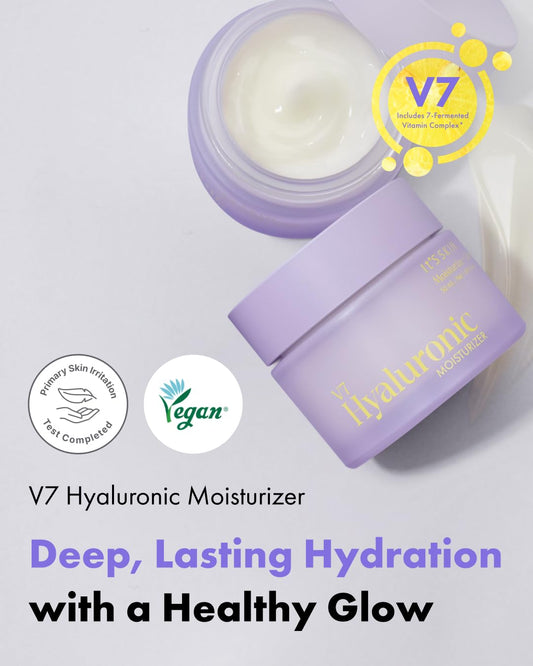 Its Skin V7 moisturizer pump close-up shows a lightweight, non-greasy feel.