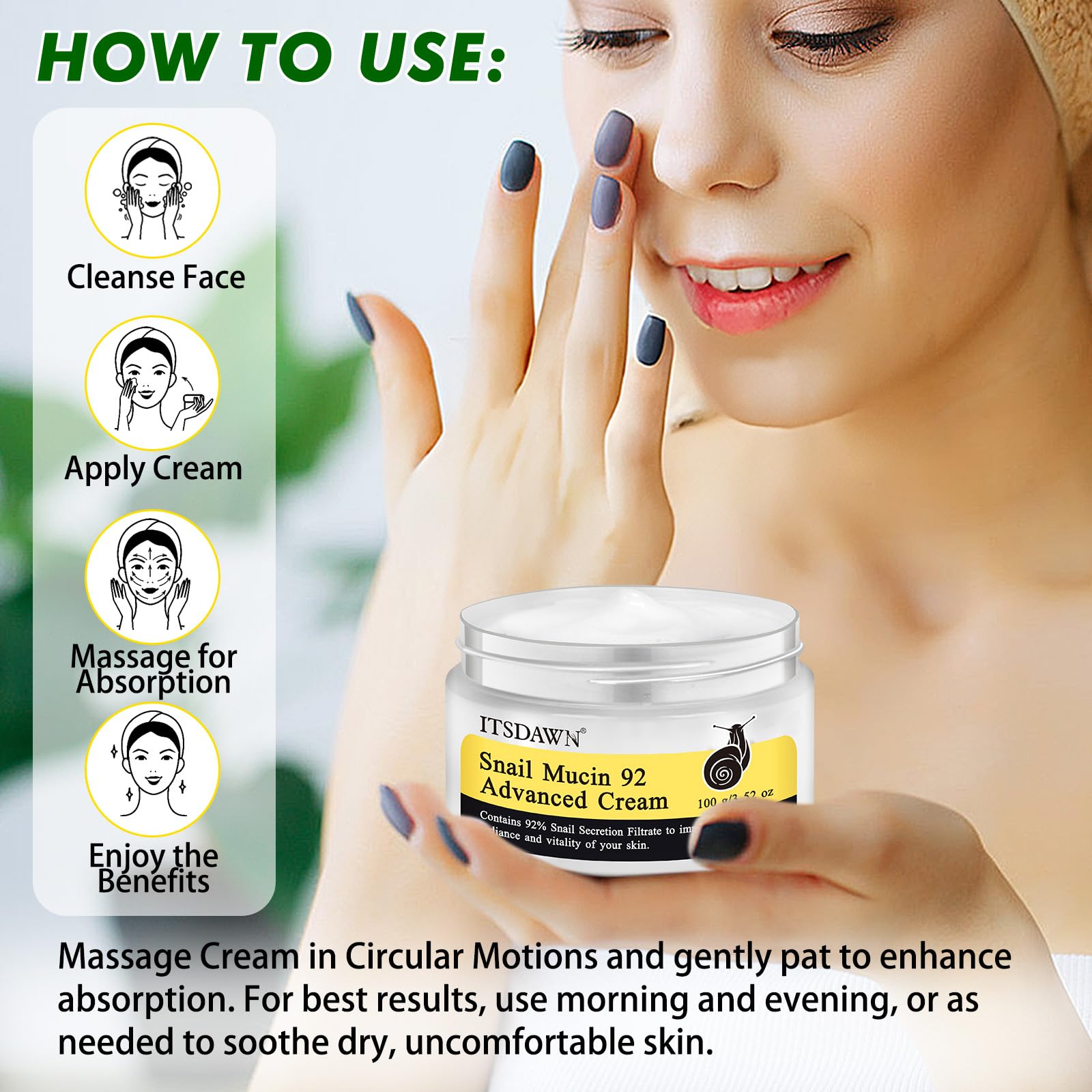 ITSDAWN snail mucin 92% cream after-use glow on hydrated skin