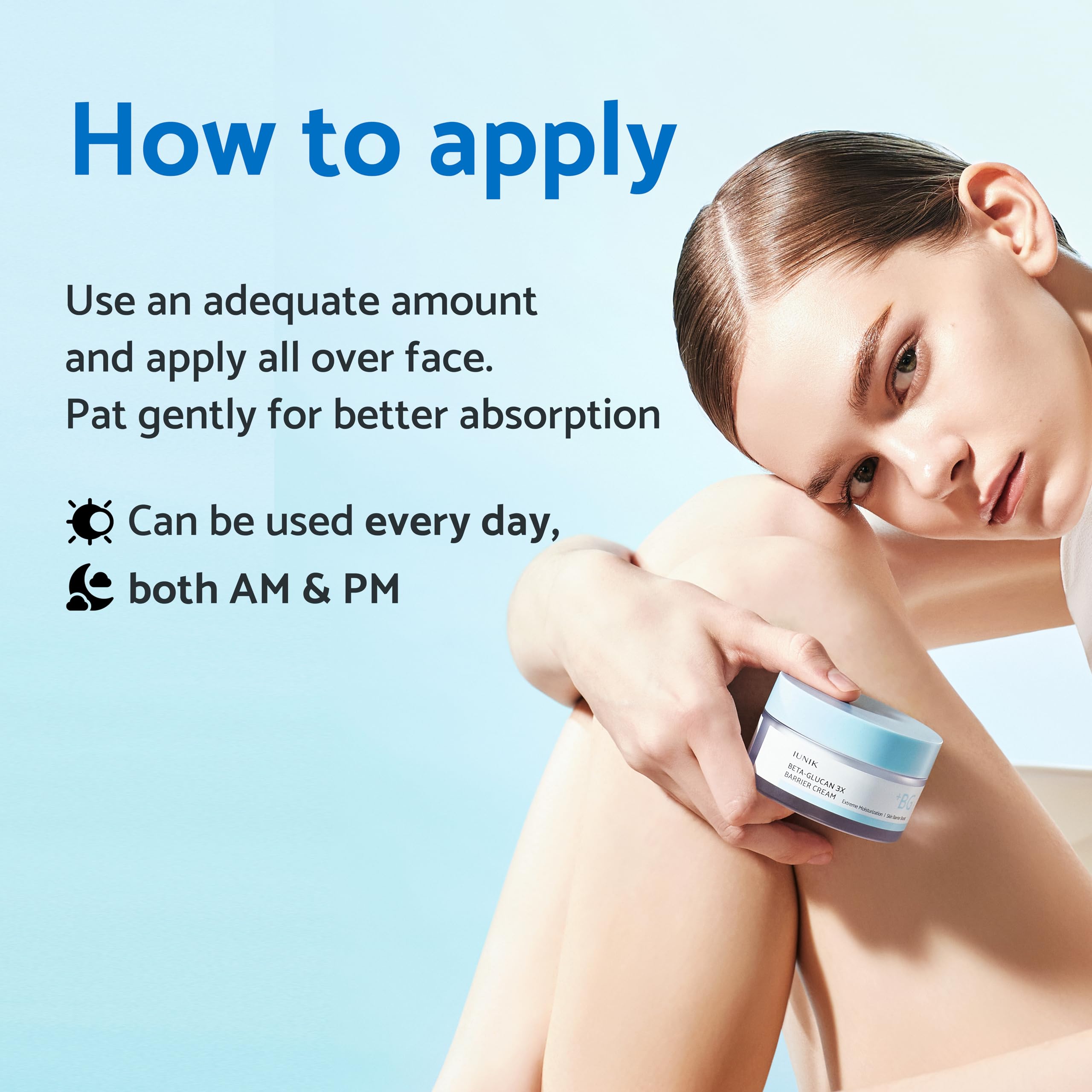Daily routine concept for using IUNIK Beta-Glucan on dry skin.