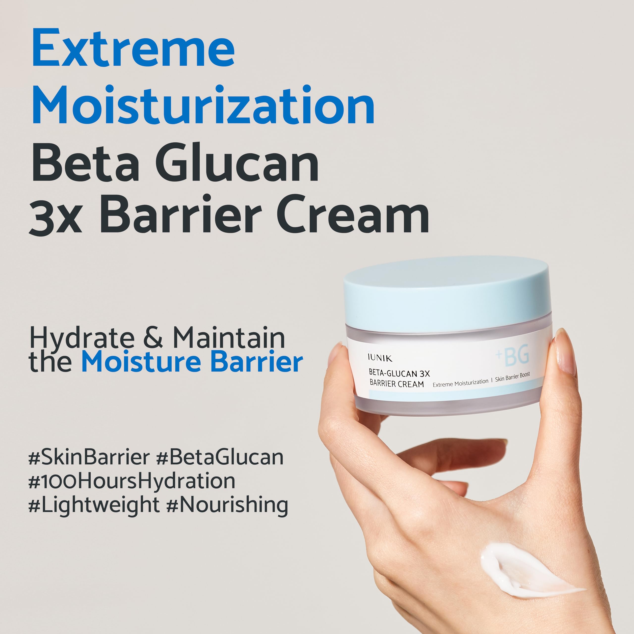 Close-up texture of IUNIK Beta-Glucan cream shows lightweight, fast-absorbing moisture.