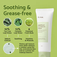 IUNIK Centella 70% Calming Gel Cream ingredients image highlights six fresh buds
