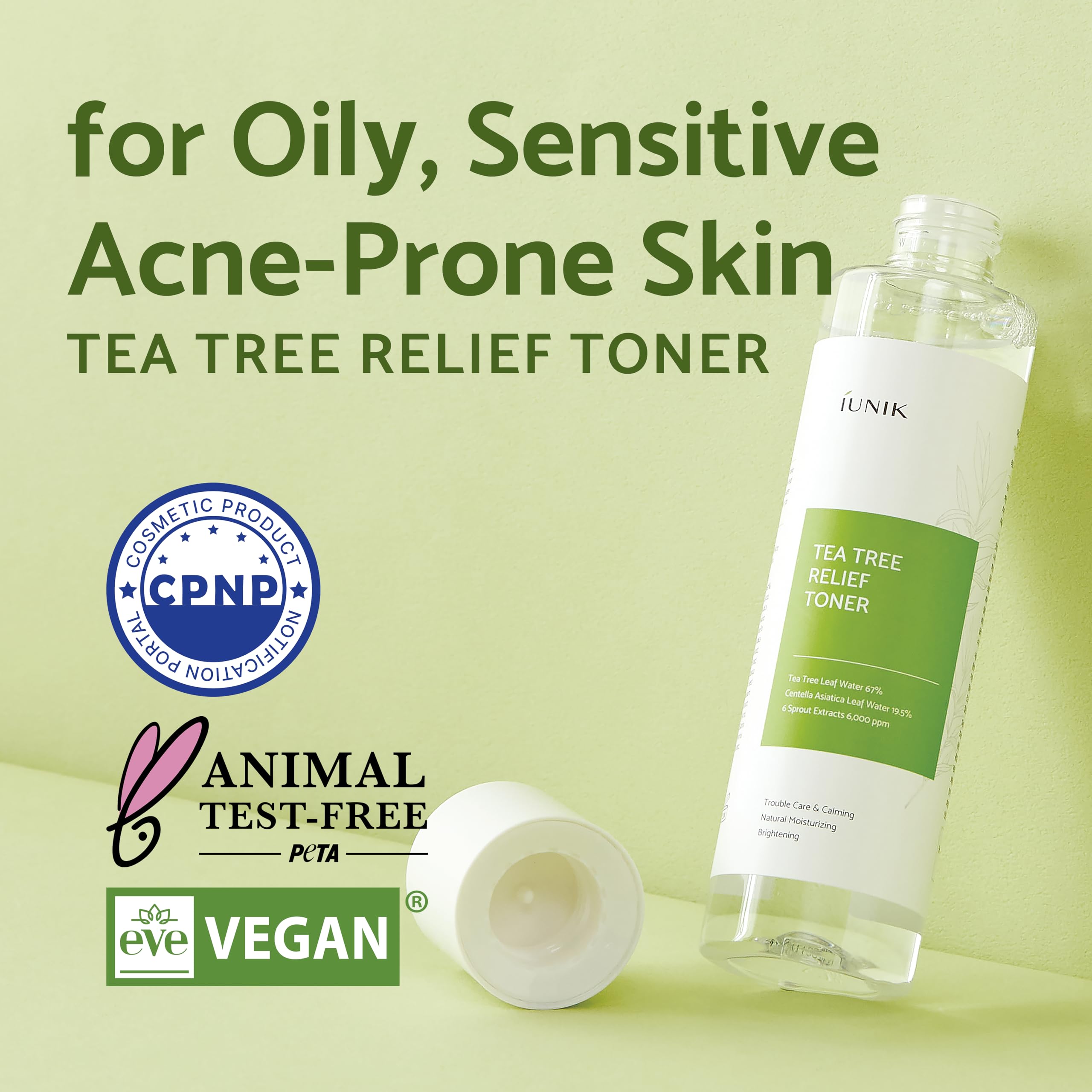 IUNIK Tea Tree Relief Toner ingredients label showing gentle healing.