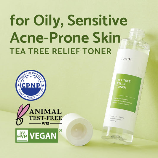IUNIK Tea Tree Relief Toner ingredients label showing gentle healing.