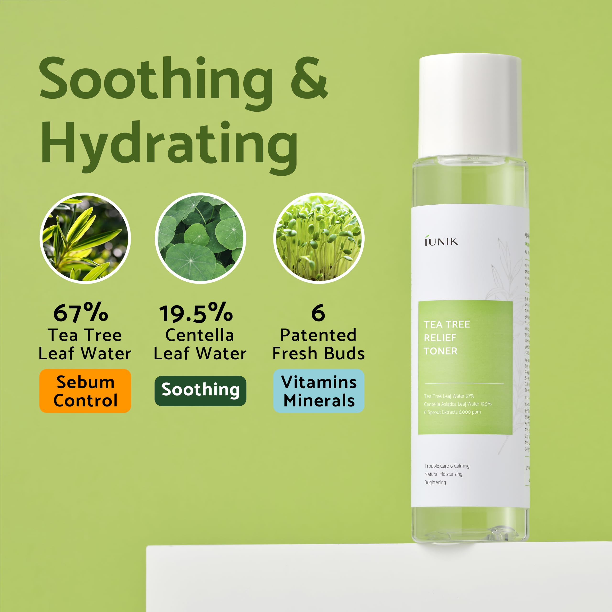 IUNIK Tea Tree Relief Toner being poured onto hand for quick refreshing feel.