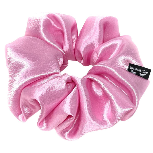 Iuptown Chic frizz-prevention satin scrunchie pink supports comfortable, gentle hold while sleeping
