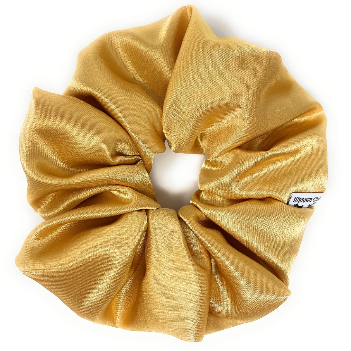 Iuptown Chic jumbo gold satin scrunchie for high ponytails.
