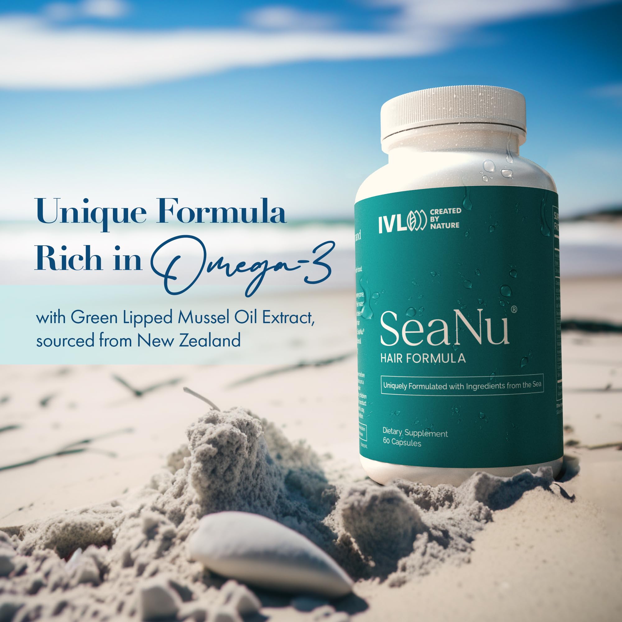 IVL SeaNu Hair biotin tablet close-up signals strength and growth potential.