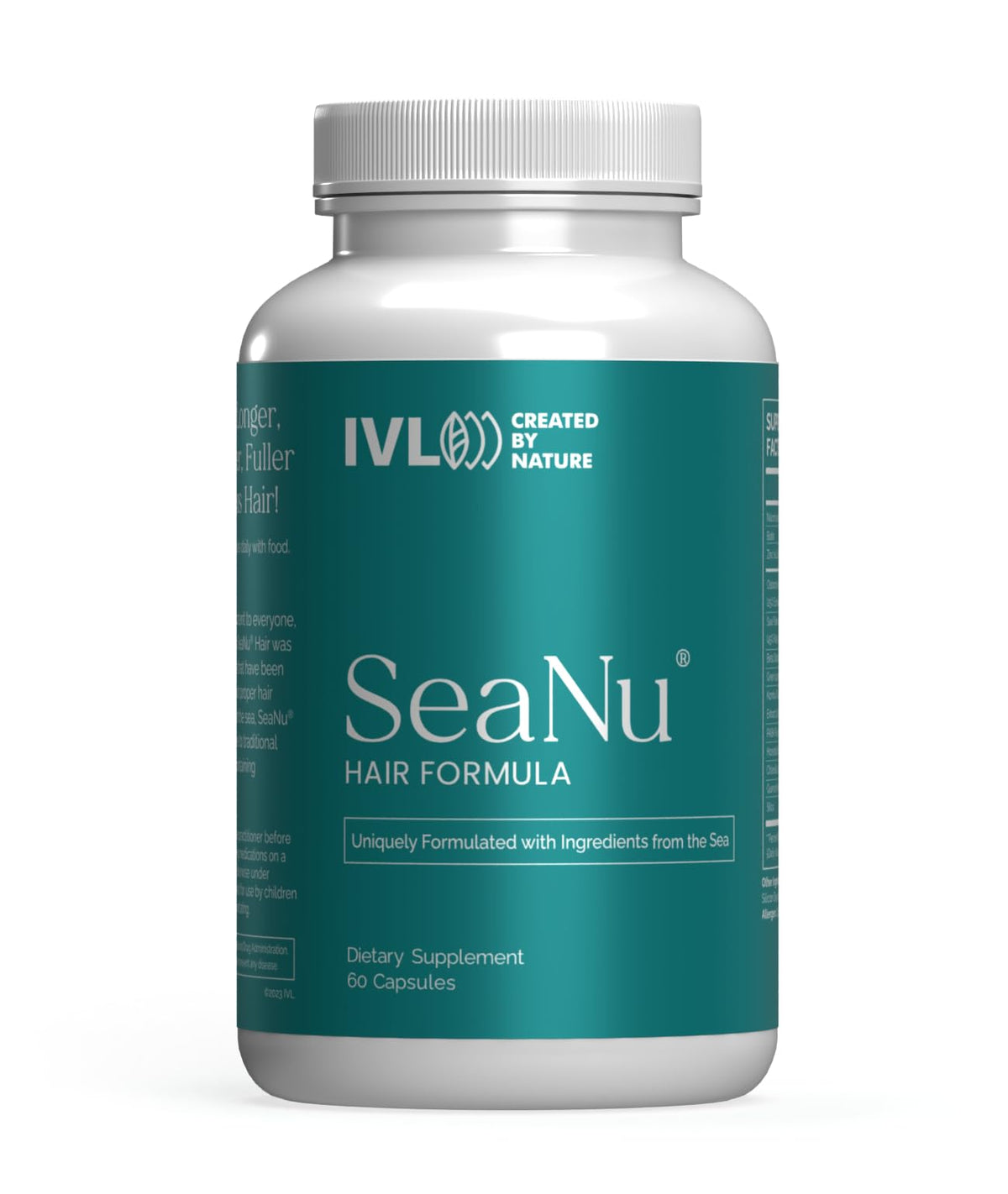 IVL SeaNu Hair bottle pouring capsules for daily hair care support.