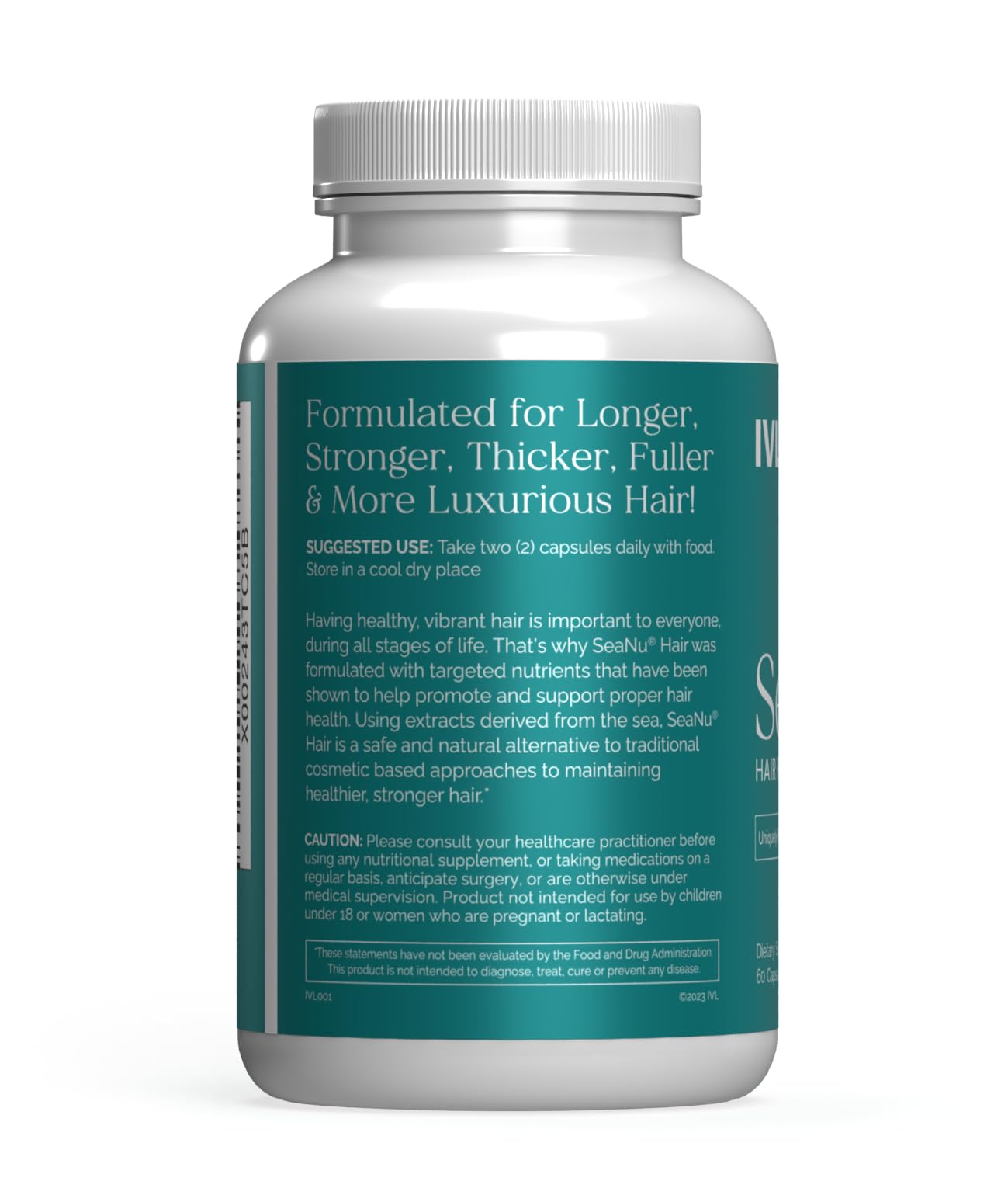 IVL SeaNu Hair supplement pack front suggests natural ingredients for hair vitality.