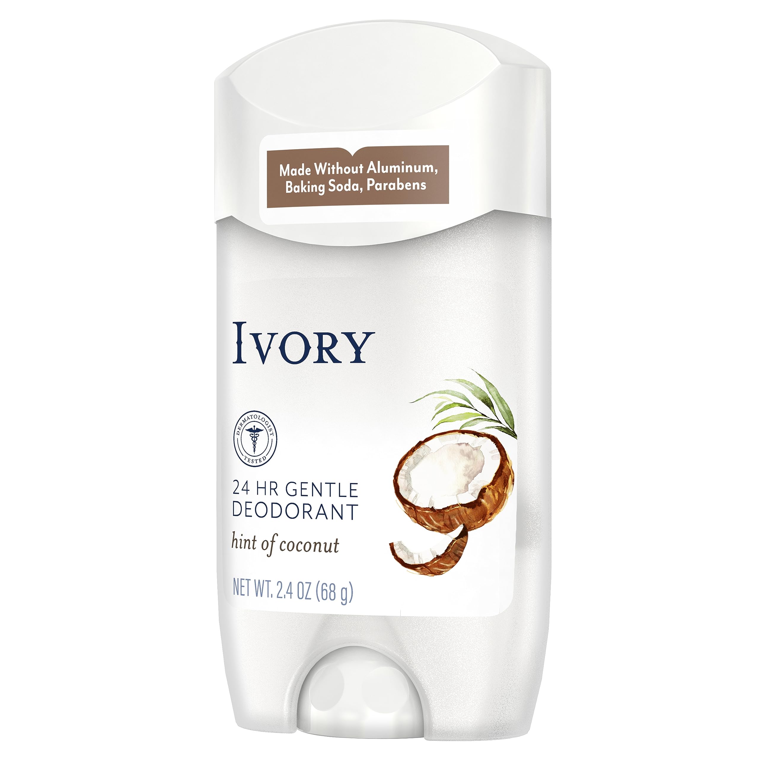 Ivory coconut-scent deodorant label conveys fresh scent and daily protection.