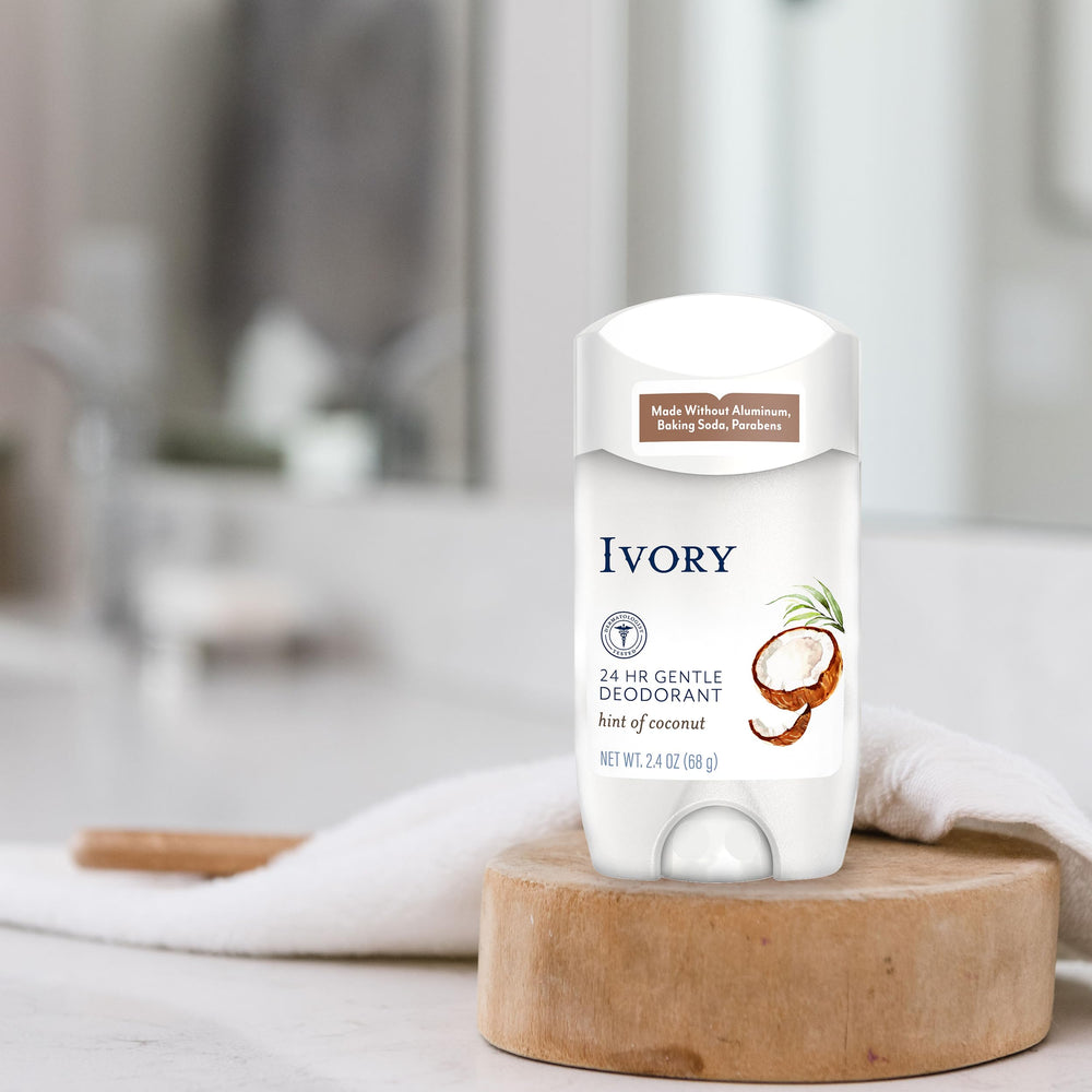 Ivory dead-sea-salt deodorant packaging with 24-hour odor protection for active days.