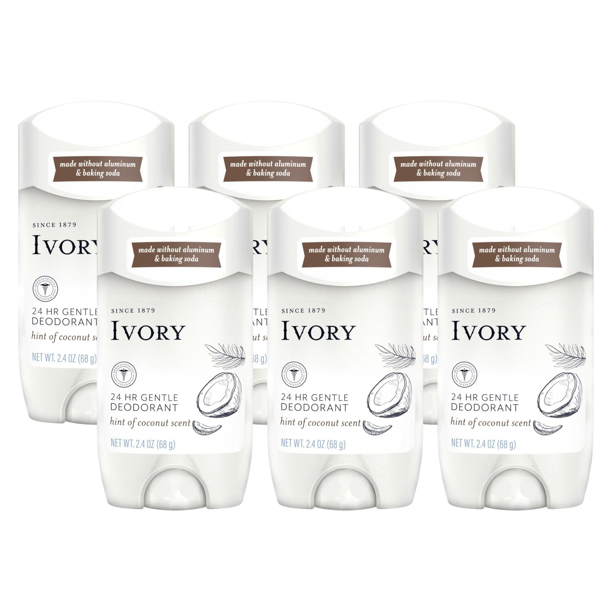 Ivory coconut deodorant six-pack pack shot highlighting aluminum-free formula for daily use