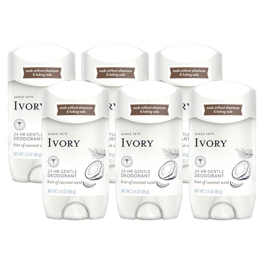 Ivory coconut deodorant six-pack pack shot highlighting aluminum-free formula for daily use
