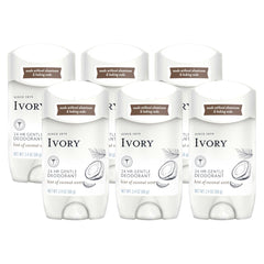 Ivory coconut deodorant six-pack pack shot highlighting aluminum-free formula for daily use