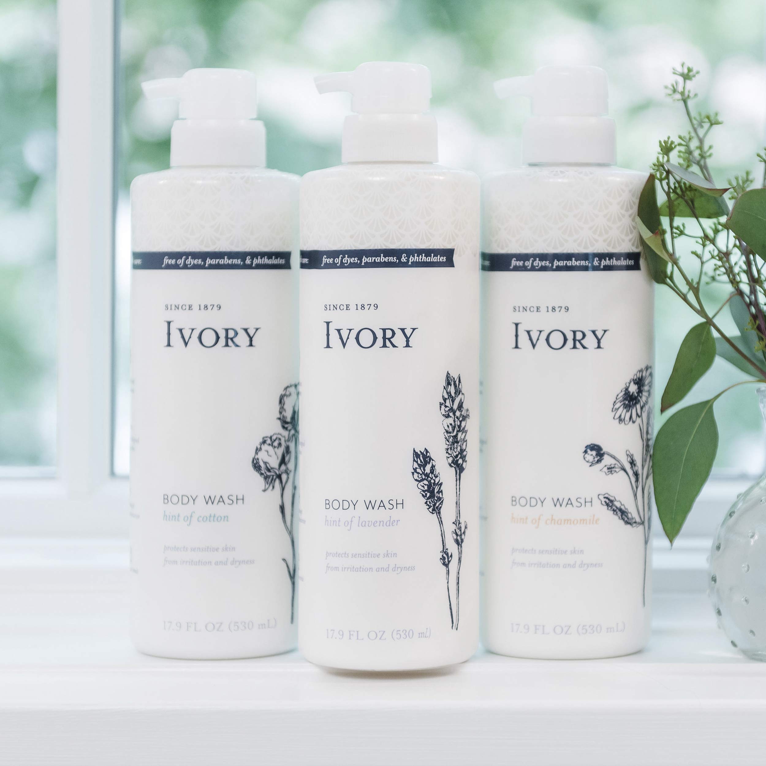 Ivory dye-free, paraben-free, phthalate-free label for sensitive skin safety.