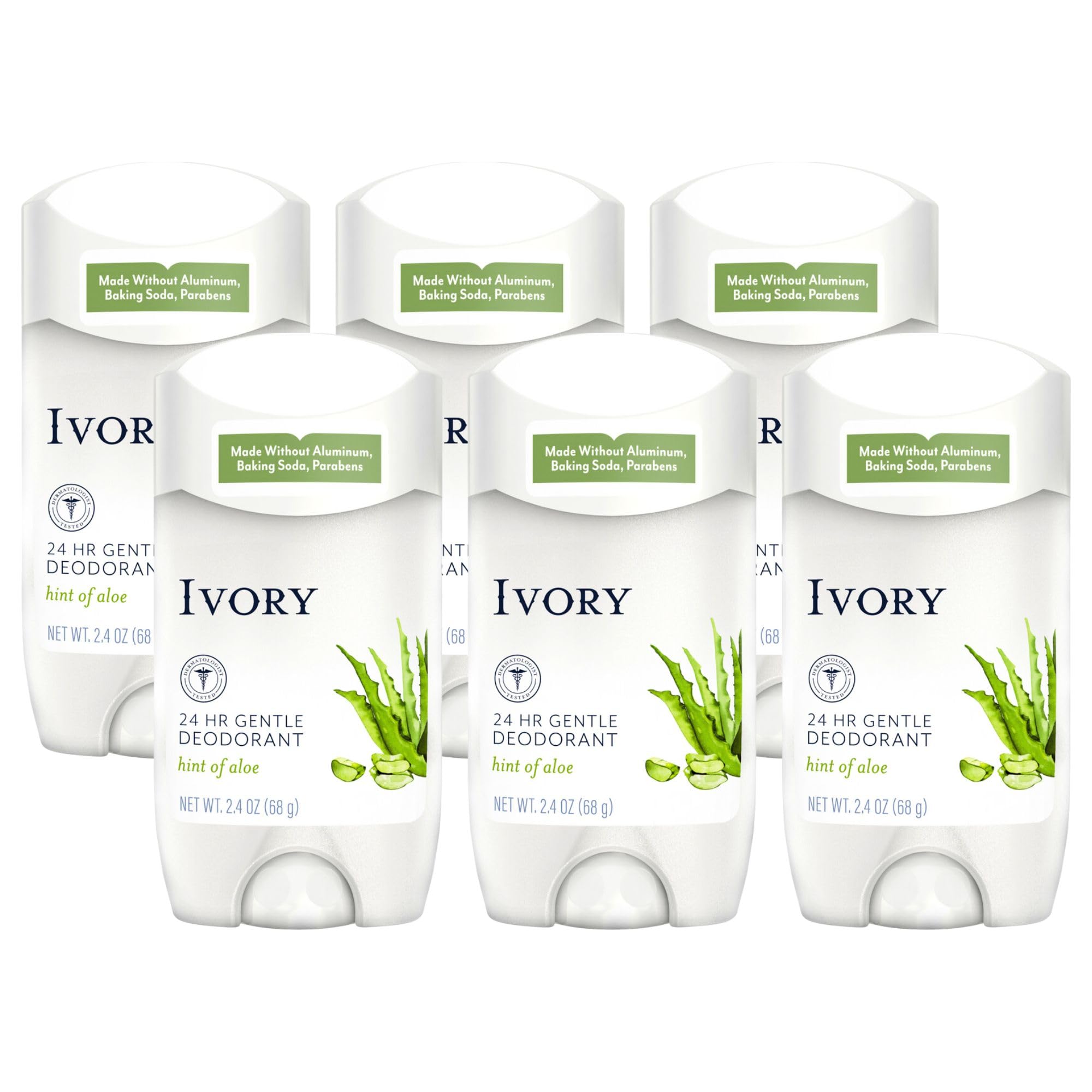 Ivory aluminum-free deodorant with hint of aloe, clean packaging and gentle protection.