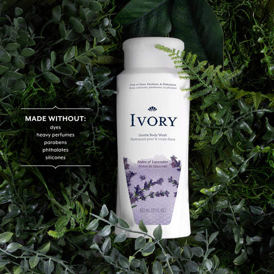 Ivory Lavender Body Wash bottle pour suggests a rich, calming lather during showers