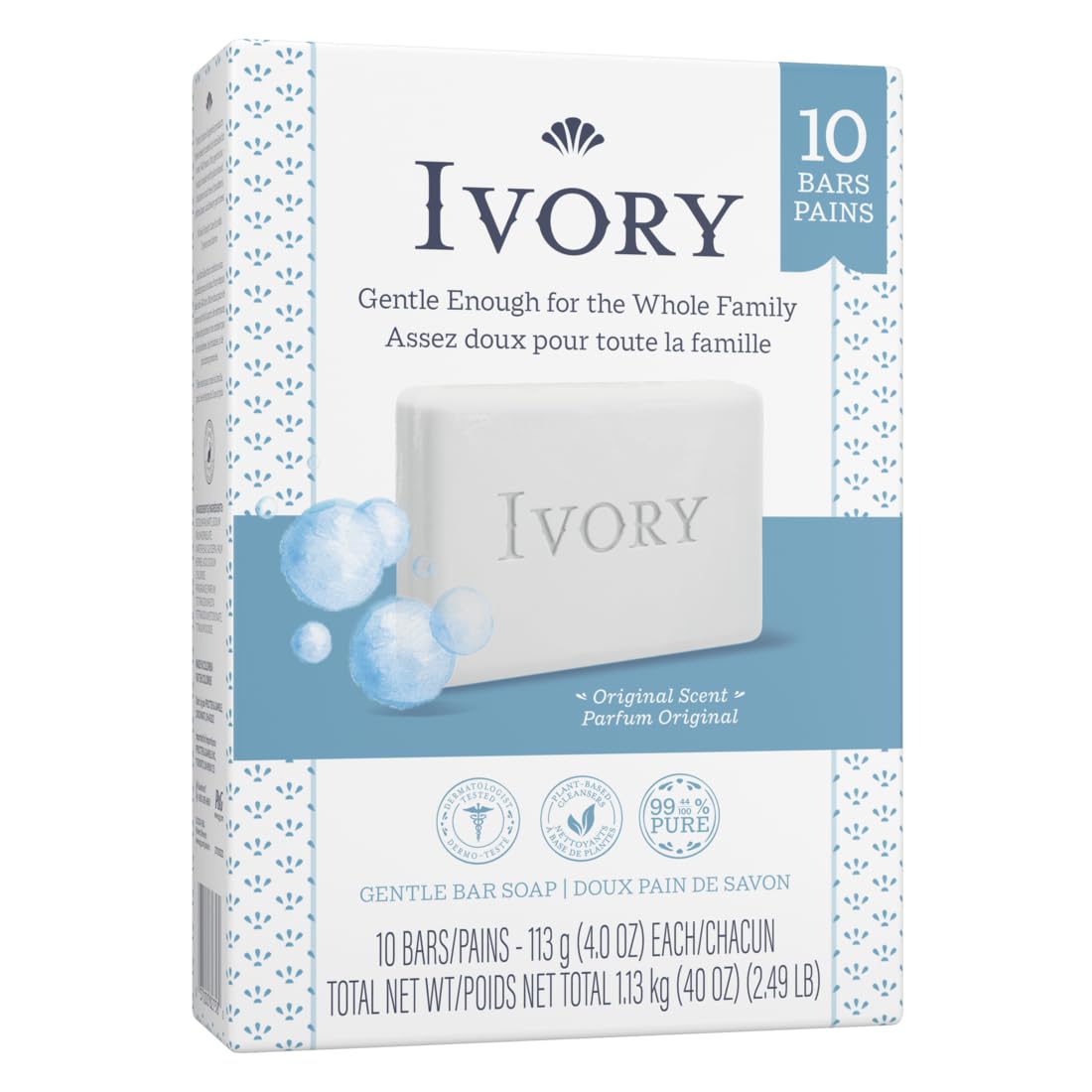 Ivory Original Bar Soap closeup shows smooth lather and pure formula for gentle cleansing