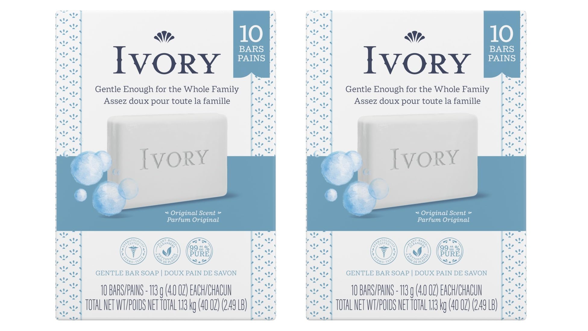 Ivory Original Bar Soap pack shot with 20 bars for a simple family cleansing routine