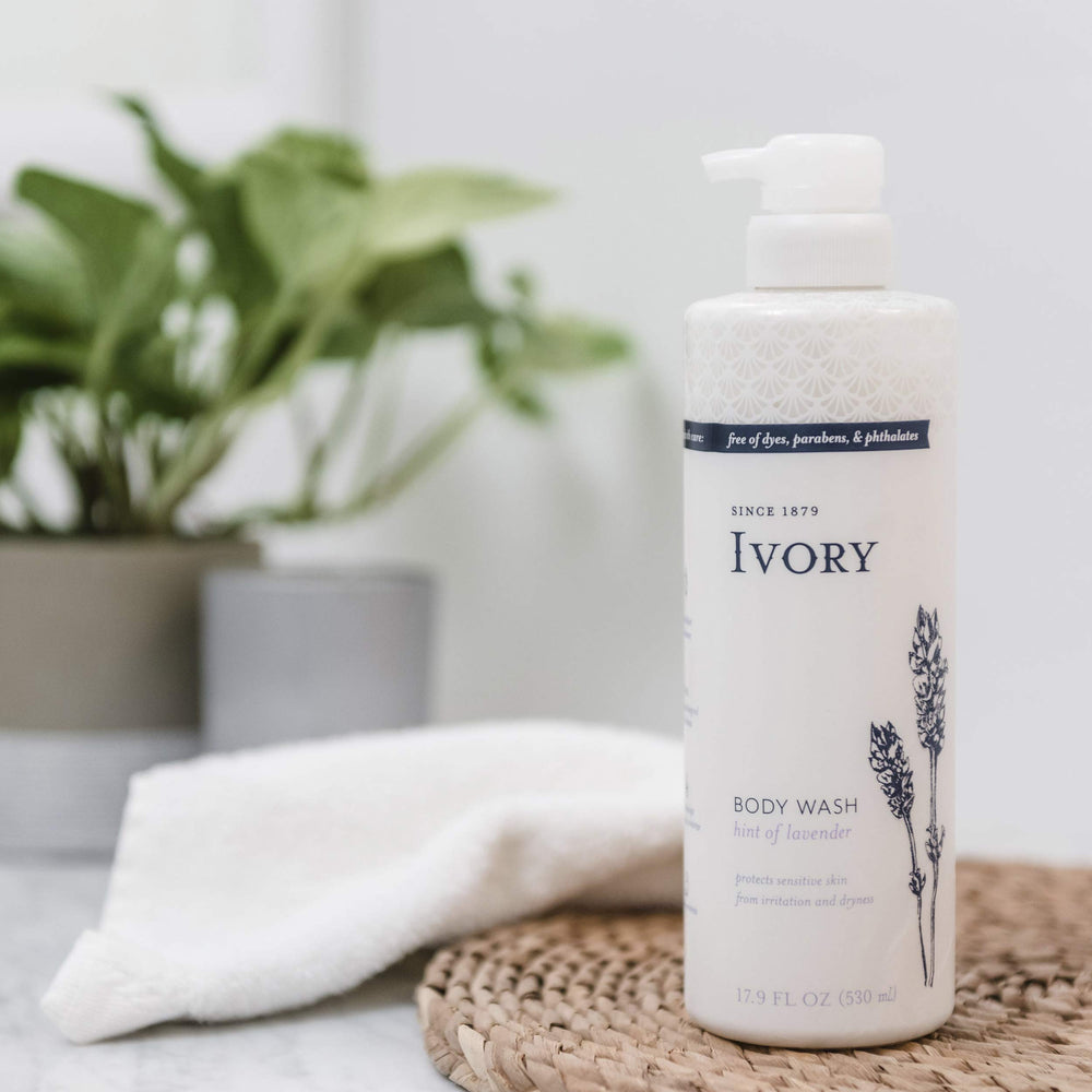 Ivory four-pack box displaying long-lasting, gentle cleansing for sensitive skin.