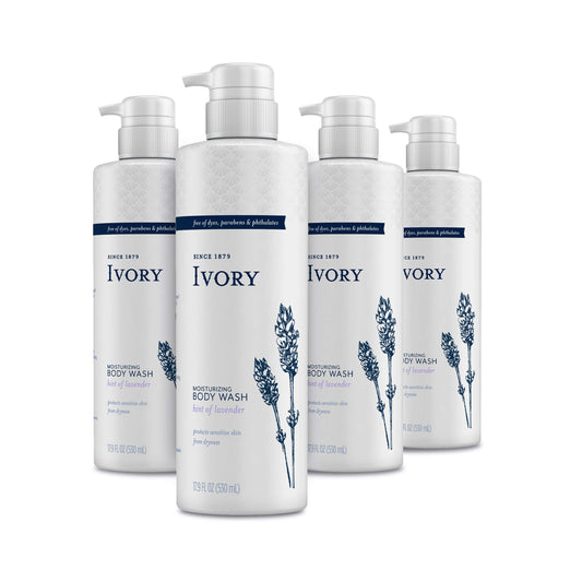 Ivory Sensitive Skin Moisturizing Body Wash bottle with lavender for gentle cleansing.