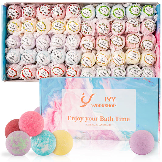 IvyWorkshop bath bombs gift box with 50 pieces for pampering at home.