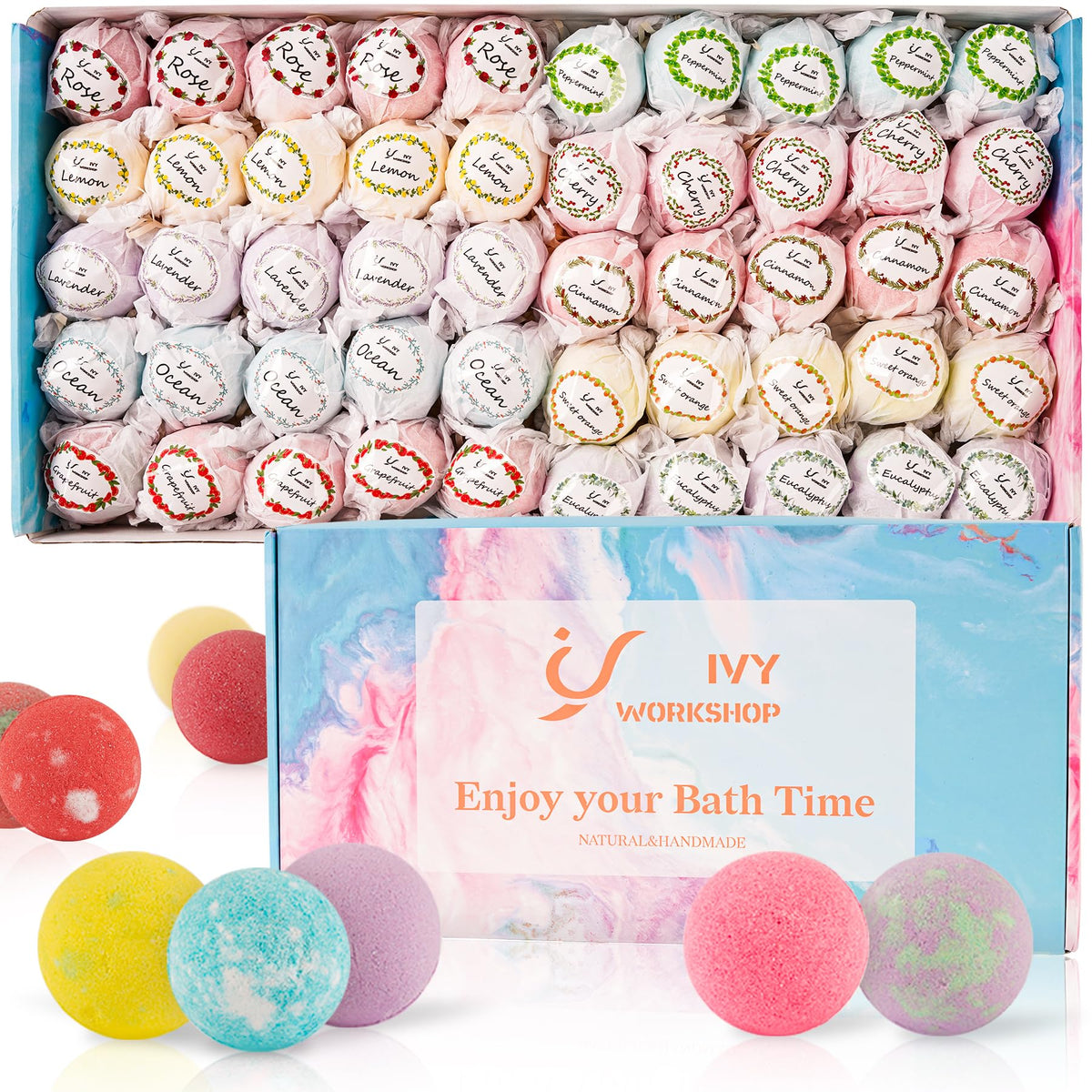 IvyWorkshop bath bombs gift set in a box, ready for gifting and pampering.