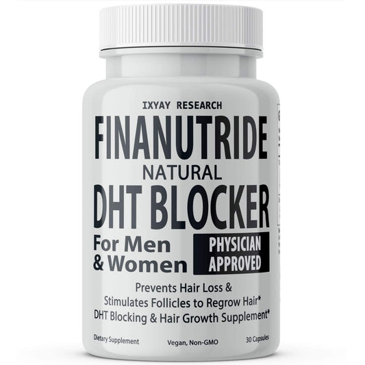 IXYAY RESEARCH Finanutride bottle label visible, supports follicle health as part of daily routine.
