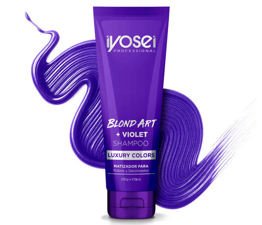 IYOSEI Blond Art + Violet shampoo bottle neutralizes brass for cooler blonde tones.