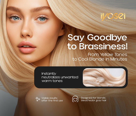 IYOSEI Blond Art + Violet shampoo tube closeup shows creamy texture for color maintenance.