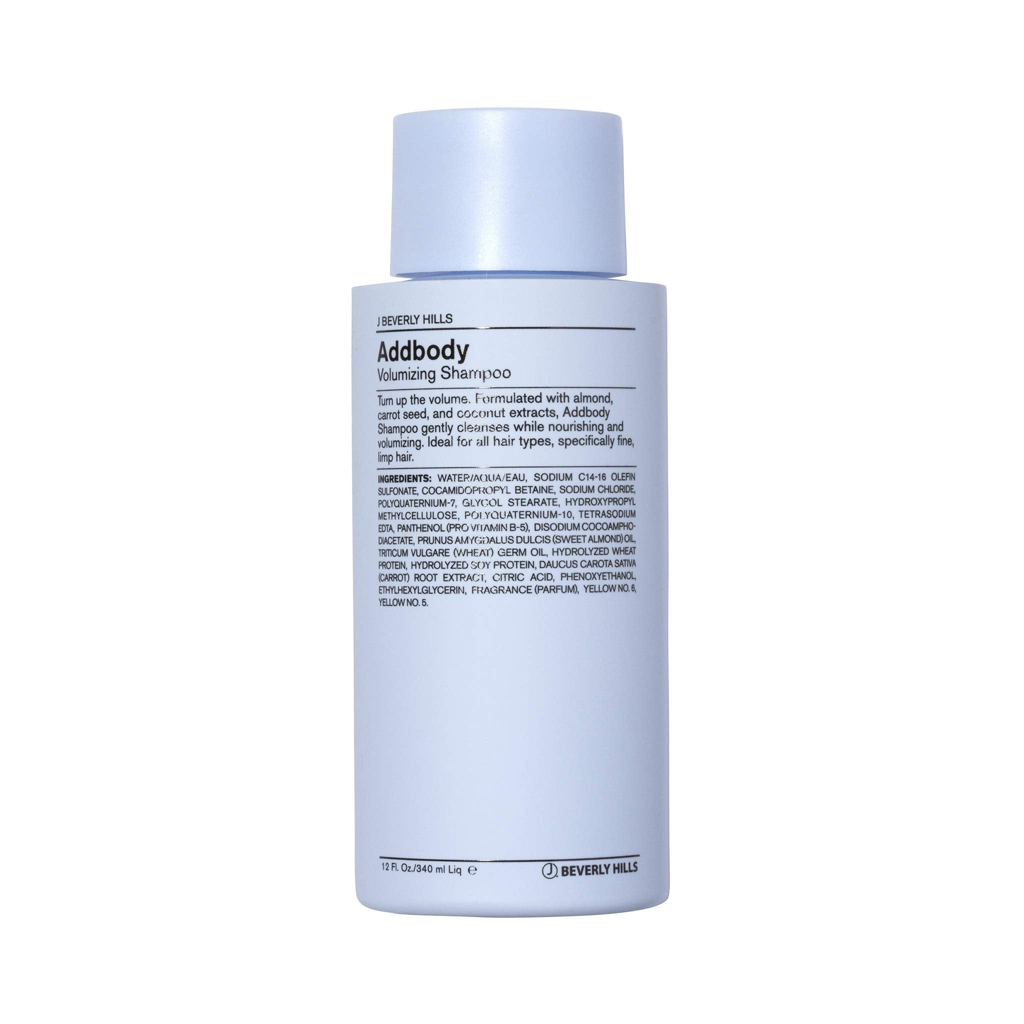 J Beverly Hills Blue Addbody Shampoo bottle highlighting volumizing formula.