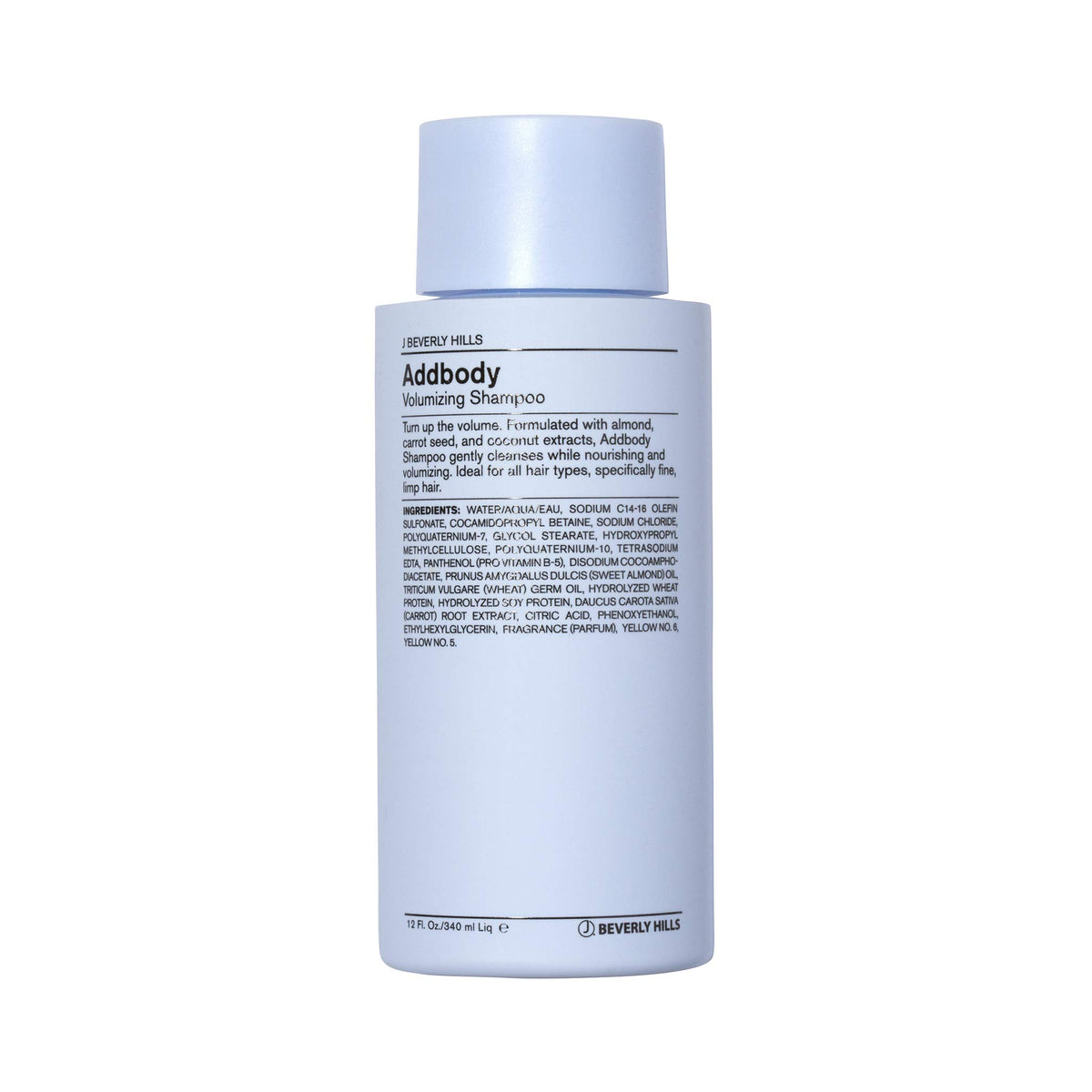 J Beverly Hills Blue Addbody Shampoo bottle highlighting volumizing formula.