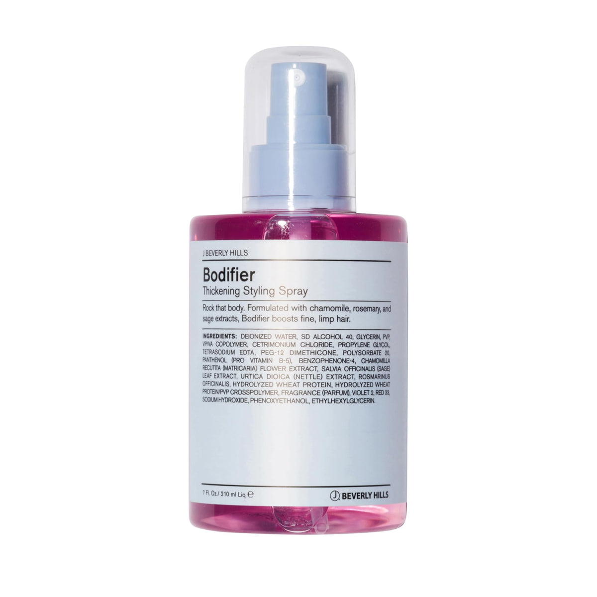 J Beverly Hills Blue Bodifier bottle on display boosts volume for fine hair.