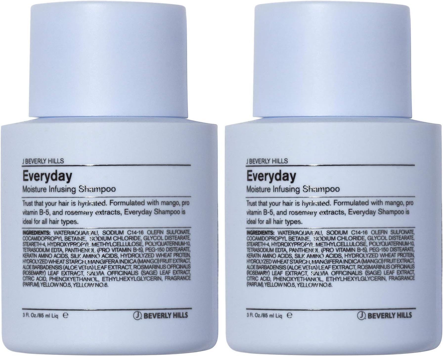 J Beverly Hills Blue Everyday Moisturizing Shampoo bottle front with hydration and eucalyptus aroma