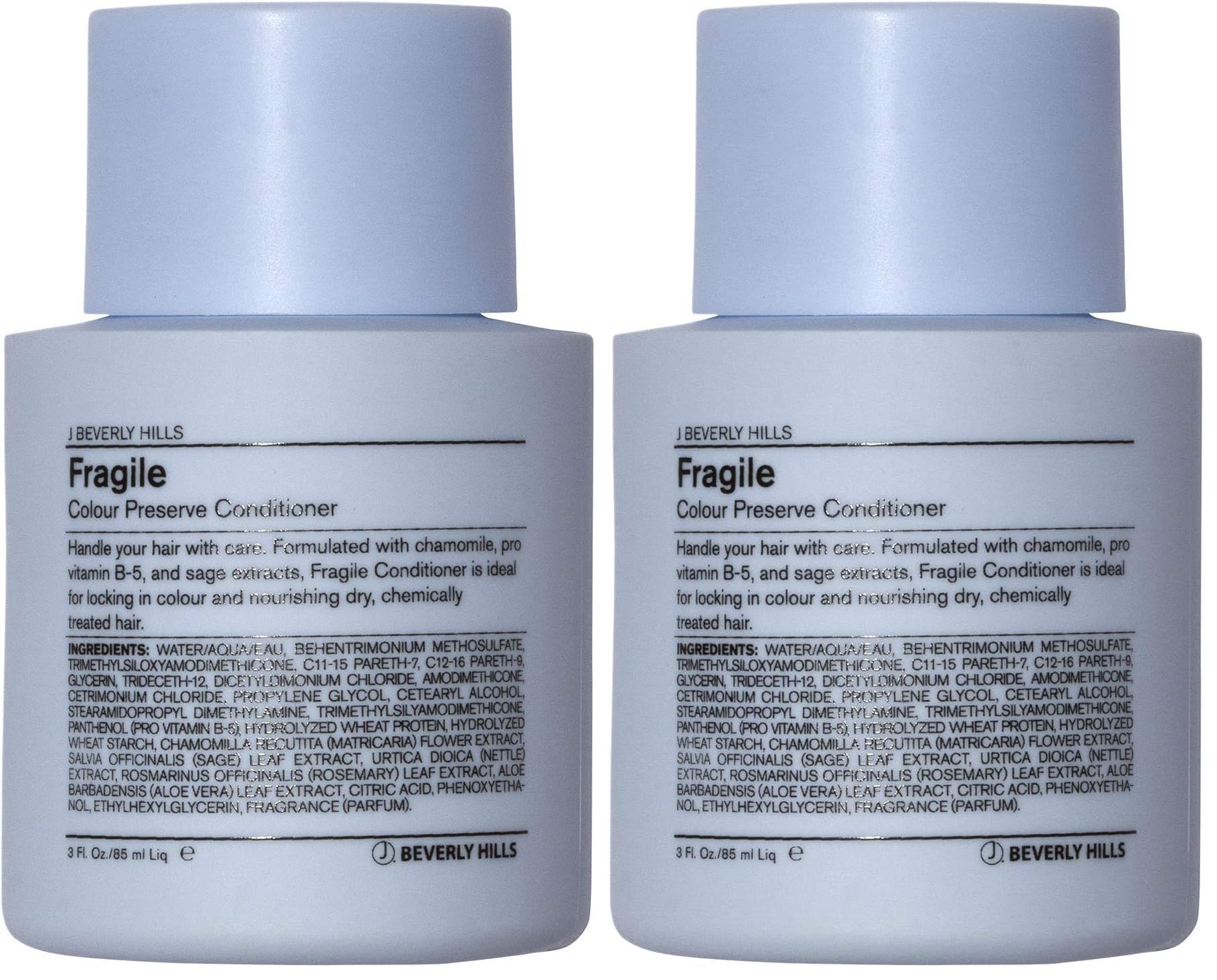 J Beverly Hills Blue Fragile conditioner bottle on display, color-safe care