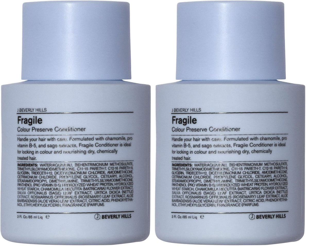 J Beverly Hills Blue Fragile conditioner bottle on display, color-safe care
