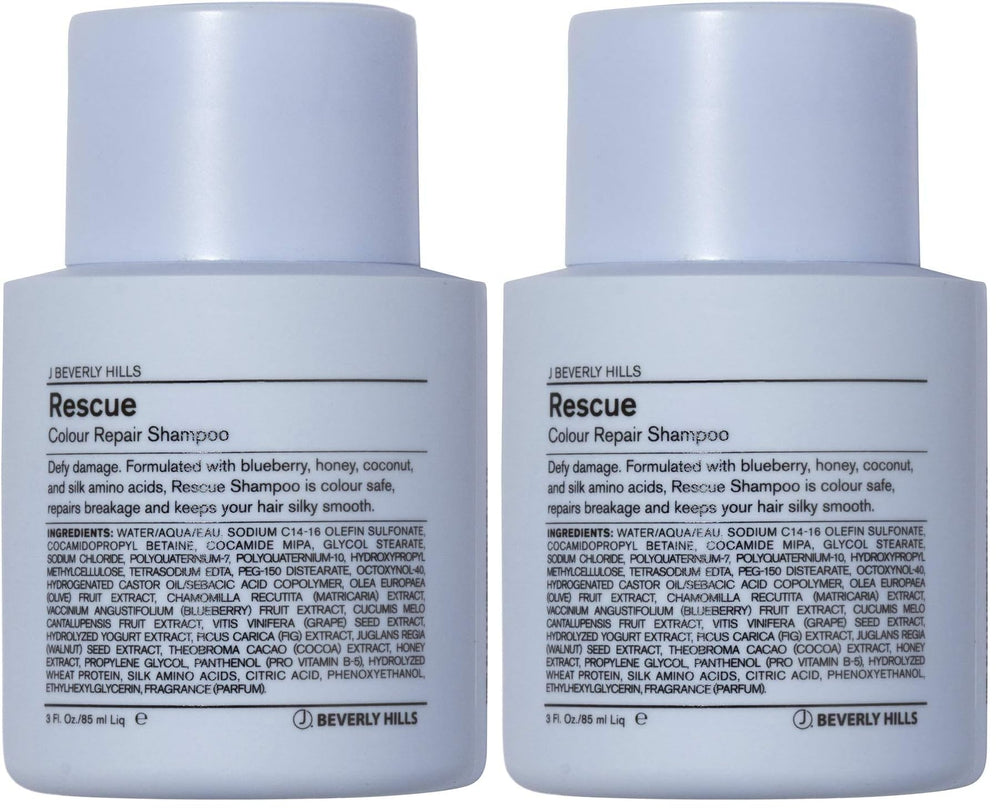 J Beverly Hills Blue Rescue Shampoo two-pack front view, color-safe cleansing for damaged color-treated hair.